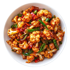 Delicious Spicy Cauliflower Stir-Fry with Bell Peppers and Green Beans in a White Bowl on transparent background