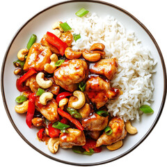 Delicious Chicken Stir-Fry with Cashews and Rice, Featuring Colorful Vegetables in a Bright Setting on transparent background
