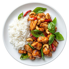 Delicious Chicken Stir-Fry with Cashews and Jasmine Rice in a Vibrant, Fresh Presentation on transparent background