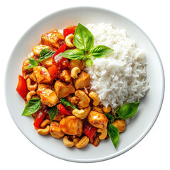 Delicious Chicken Stir-Fry with Cashews and Jasmine Rice, Fresh Basil Garnish, Perfect for Family Meals or Gatherings on transparent background