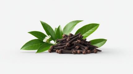 Pile of cloves with leaves and flower.