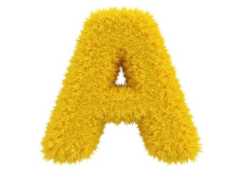 Isolated furry letter A, fluffy font element, yellow texture, decoration for festive design