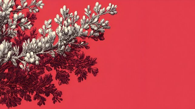 Delicate vintage illustration of silver brunia plant with its dark shadows is isolated against a vibrant coral background to highlight details.