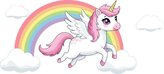 Cute flying unicorn with wings, magical rainbow pony cartoon, adorable fantasy creature illustration, dreamy pastel background, happy cloud scene, pink mane fairy animal vector