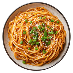 Delicious Spaghetti with Green Onions and Sesame Seeds in a Bowl on transparent background