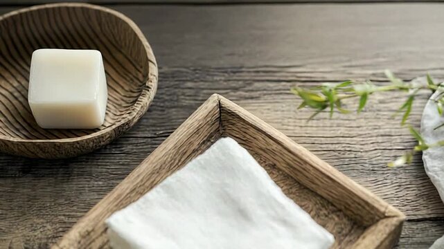 White cotton cloth squares and soap on wood for spa