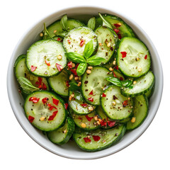 Fresh Cucumber Salad with Basil and Spices in a White Bowl, Perfect for Summer Meals on transparent background