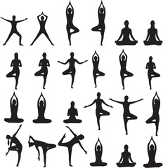 Mega Yoga Poses Silhouettes Vector Set: Wellness, Meditation, and Fitness Asanas Collection.
