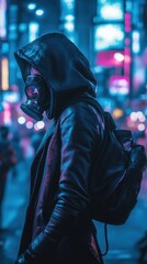 Person in gas mask standing in futuristic city