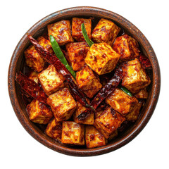 Spicy Tofu Stir-Fry with Dried Chilies and Green Peppers in a Rustic Bowl on transparent background