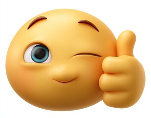 3D-rendered smiley face winking & giving a thumbs up, set against a white background