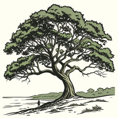 Majestic ancient tree with sprawling branches stands on a grassy shore overlooking calm water © MST SAHIDA  BEGUM 