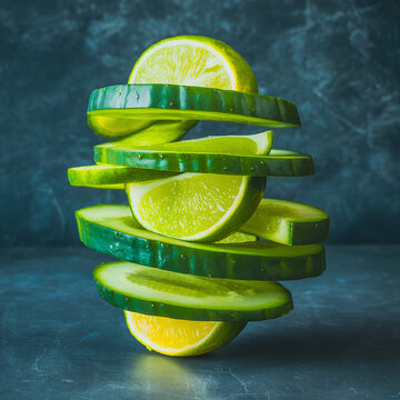 Sliced cucumber and lemon stacked in spiral formation on blue background  
