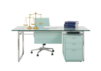 Isolated office table with scales, books and chair in the middle of an office space