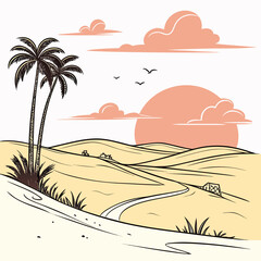 Stylized desert landscape with rolling dunes palm trees and a warm sunset sky