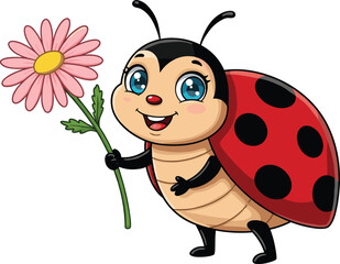 Cute ladybug cartoon, smiling insect with flower, adorable lady beetle illustration, happy bug holding pink daisy, cheerful ladybug design, children’s character art concept