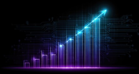 Glowing digital graph rising upward, with circuit board lines on a black background