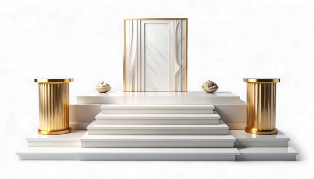 Minimalist Architectural Composition isolated on transparent background. Tiered Platform with Sculpted Panel. Modern Elegance Design.