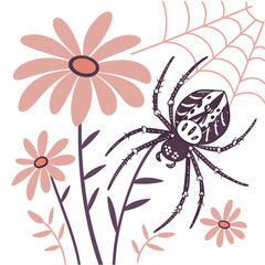 Whimsical illustration of a detailed spider among delicate pink flowers and a spiderweb