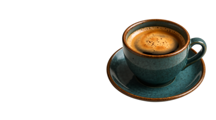 Cup of coffee on saucer with brown rim and white background  