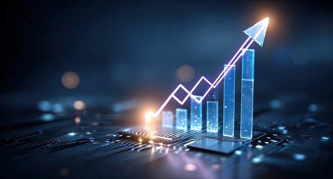 Glowing blue 3D chart with ascending line and arrow on a circuit board
