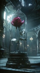 Rose in a glass case in a gothic interior