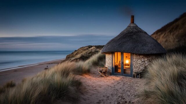 Picturesque thatched cottage by the sea at dusk warm interior lighting