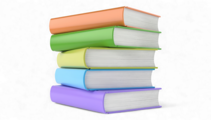 Stack of Colorful Hardcover Books. Dynamic Tower of Learning Books. Vibrant Book Collection for Education isolated on transparent background.