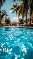 Glistening blue swimming pool water with bright sun reflections, offering refreshing foreground view of tropical resort with blurred palm trees and clear summer sky.