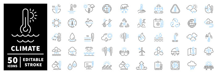 Climate vector icons collection. Climate change icons set. editable line icons, linear, environmental symbols