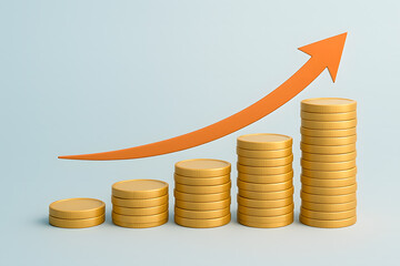 Growing stacks of gold coins with upward arrow symbolizing profit and