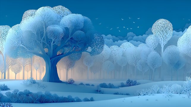 A serene winter landscape unfolds with snow covered trees under a calming blue sky, creating a peaceful and ethereal atmosphere. - Powered by Adobe