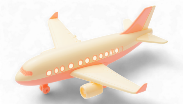 Top Down View of Toy Airplane. Stylized Yellow Aircraft with Coral Accents. Playful Chibi Airplane in Flight isolated on transparent background.