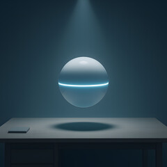 Glowing half transparent sphere hovering above table under spotlight