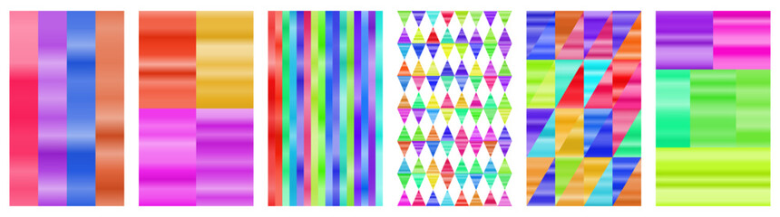 Electric vibrant gradient collage with neon geometric shapes, energetic stripe patterns, dynamic chevron designs, and explosive color compositions for bold posters, youth branding, and high-energy 