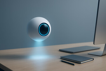 Futuristic floating AI device hovering above desk, blue light