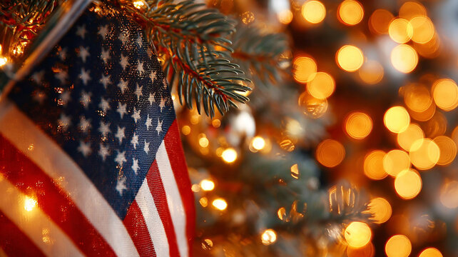 Close-up. The US flag on the background of a Christmas tree. New Year's Eve 2026.