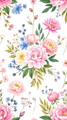 Floral bouquet pattern on white background.  Pastel pink, peach, yellow, and light blue flowers.  Detailed botanicals