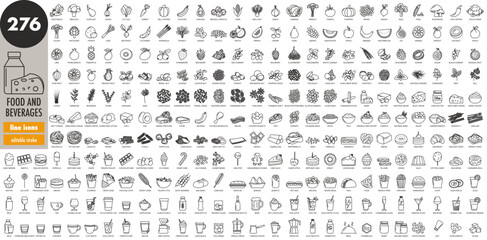 Food and beverages very big editable stroke thin line icons set. Fruits, vegetables, nuts, sweets, cheese, diary, meat, seafood, fast food, pastry, herbs, seeds, drinks, meals, vector illustration