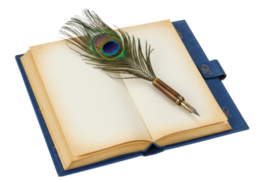 Isolated open book with peacock quill on the pages, novel or memoir writing concept