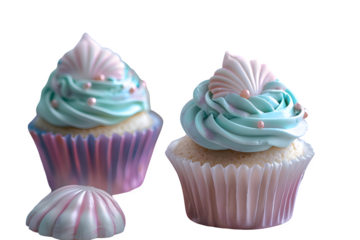 Mermaid themed birthday party shell pastel color cupcakes background well composed relevant in clear view with natural colors and sharp focus on a plain background. Simple clean style for stock use in
