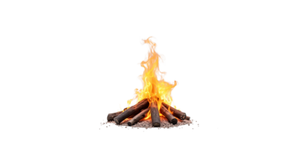 Campfire burning brightly with logs on a white background  