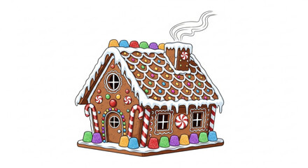 A whimsical gingerbread house adorned with colorful candies and icing, with smoke curling from the chimney, creating a festive and sweet holiday scene