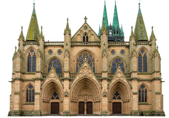 Fototapeta premium Isolated cathedral exterior facade, an impressive Gothic architecture, European historic site