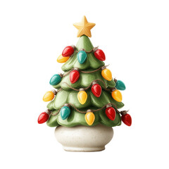 christmas decoration. Ceramic Christmas tree with colorful lights and a star on top.