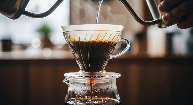 The meticulous process of brewing aromatic pour-over coffee, with a person pouring hot water from a gooseneck kettle into a filter