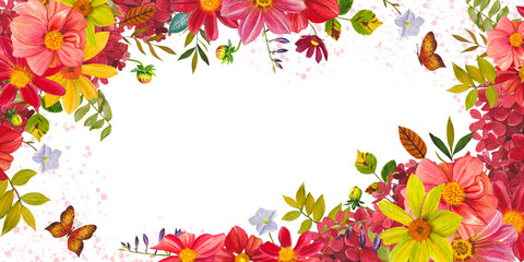 Autumn border with vibrant dahlias, autumn leaves. Hand drawn watercolor illustration.