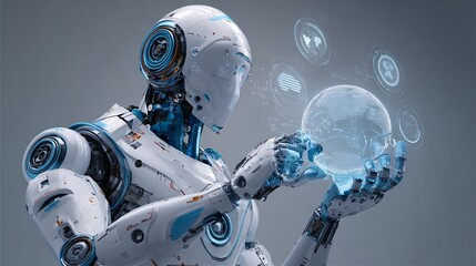Futuristic robot holds a digital globe with holographic interface elements.