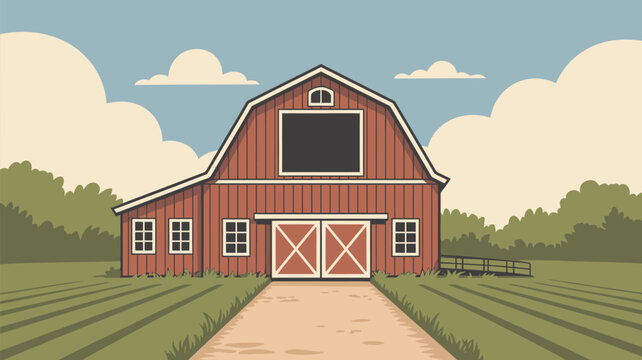 A red barn with a black window and white trim stands in a field under a cloudy blue sky cartoon style