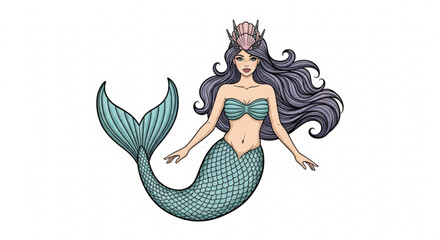 A beautiful mermaid with long, flowing hair, wearing a seashell crown and a turquoise tail, a captivating sea creature